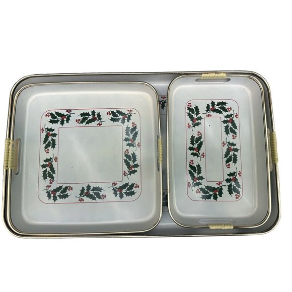 Vintage Stackable MCM 3pc  Christmas Holiday’s lacquer ware serving trays Japan - Picture 1 of 11
